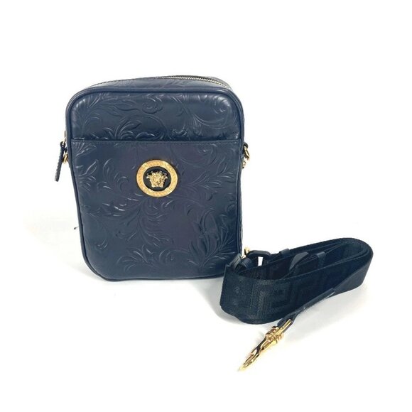 VERSACE medusa logo Crossbody Pochette bag Shoulder Bag Leather Navy Unused - Picture 1 of 15